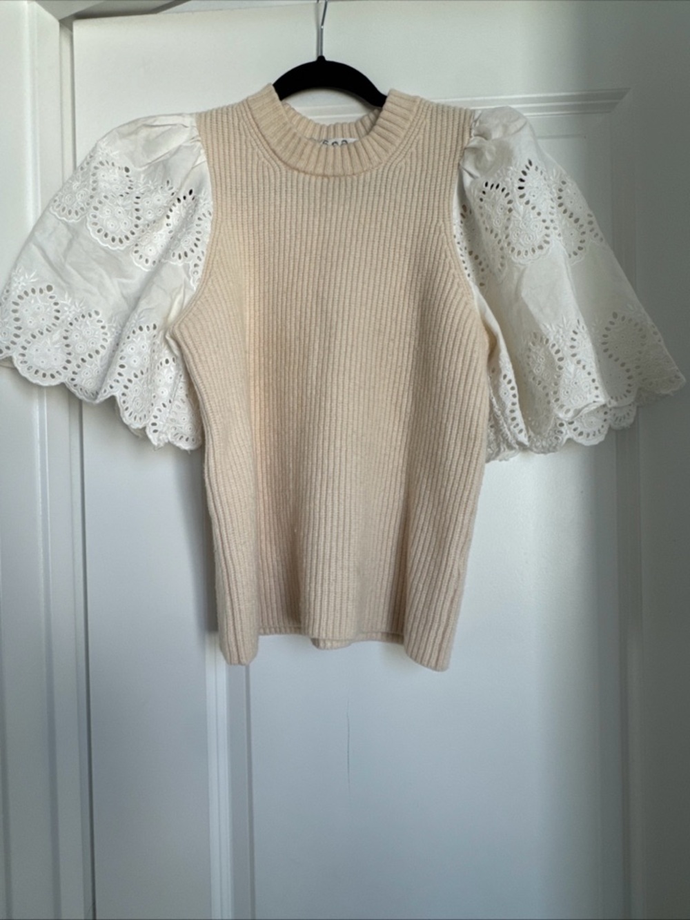 Sea New York Nadene Eyelet Cream Wool Cotton White Short Sleeve Crewneck Small